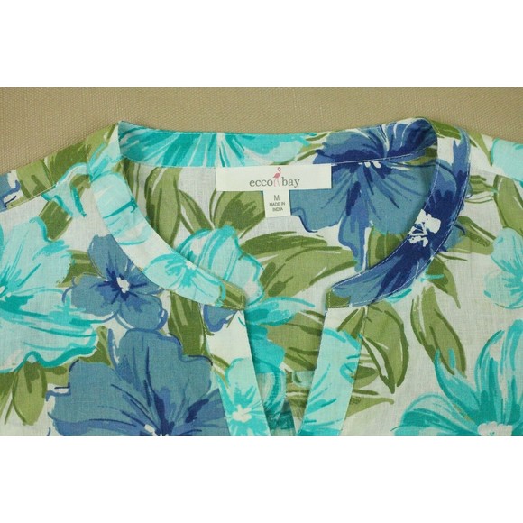 Ecco Bay Sz M Womens Linen/Rayon Tunic Shirt V-neck Roll Tab Pockets Floral EUC - Picture 5 of 10